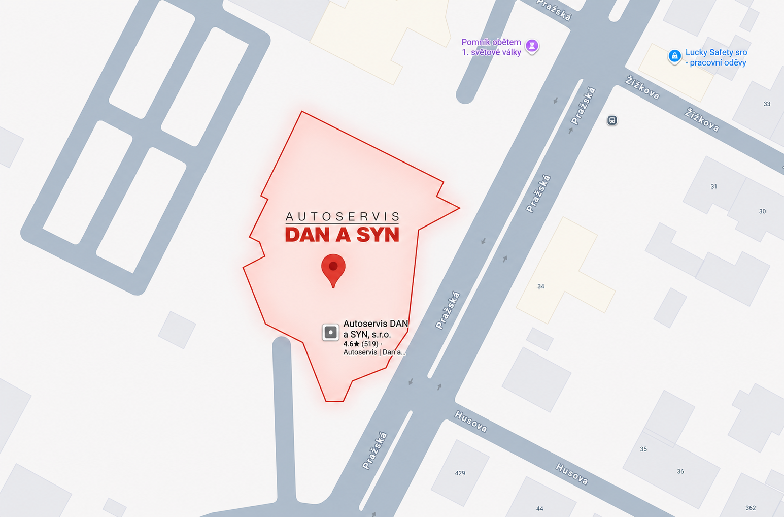Mapa – Autoservis DAN a SYN, Pražská 286, Borek
